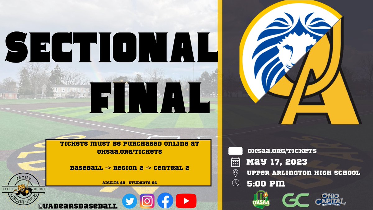 SECTIONAL FINAL

📆 Tomorrow | May 17

📍: Upper Arlington, OH
🏟️: UAHS Turf Baseball Field
🕔: 5:00 PM
🎟️: ohsaa.org/tickets

#FEA | #GameDay 🐻⚾️