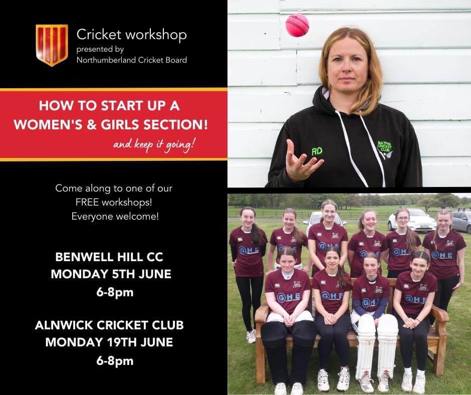 Club workshop! Starting a Women’s &amp; Girl’s Section

- How to get started.

- Coaching ideas (practical).

- Making new members feel welcome.

- Leagues &amp; festivals.

Benwell Hill - Mon 5th June, 6-8pm
booking.ecb.co.uk/d/v0q3q0

Alnwick - Mon 19th June, 6-8pm
booking.ecb.co.uk/d/90qdzk