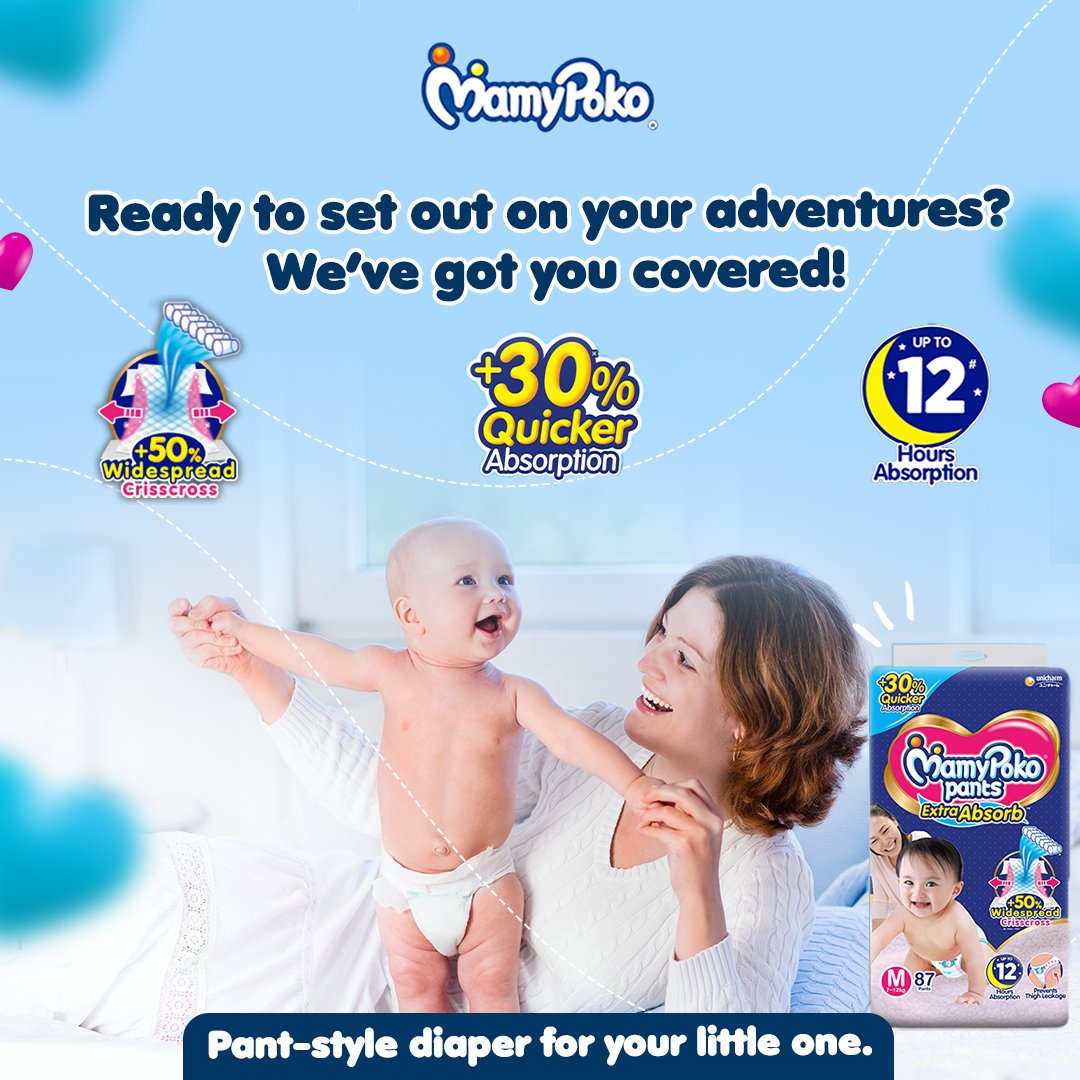 MamyPokoIN's tweet image. It’s time to say goodbye to diaper discomfort. Your baby won’t be feeling any with MamyPoko Extra Absorb Diaper Pants. It has a +50% widespread crisscross sheet that provides +30% faster absorption for up to 12 hours.

#baby #comfortable #pantstyle #littleone #comfy #convenient