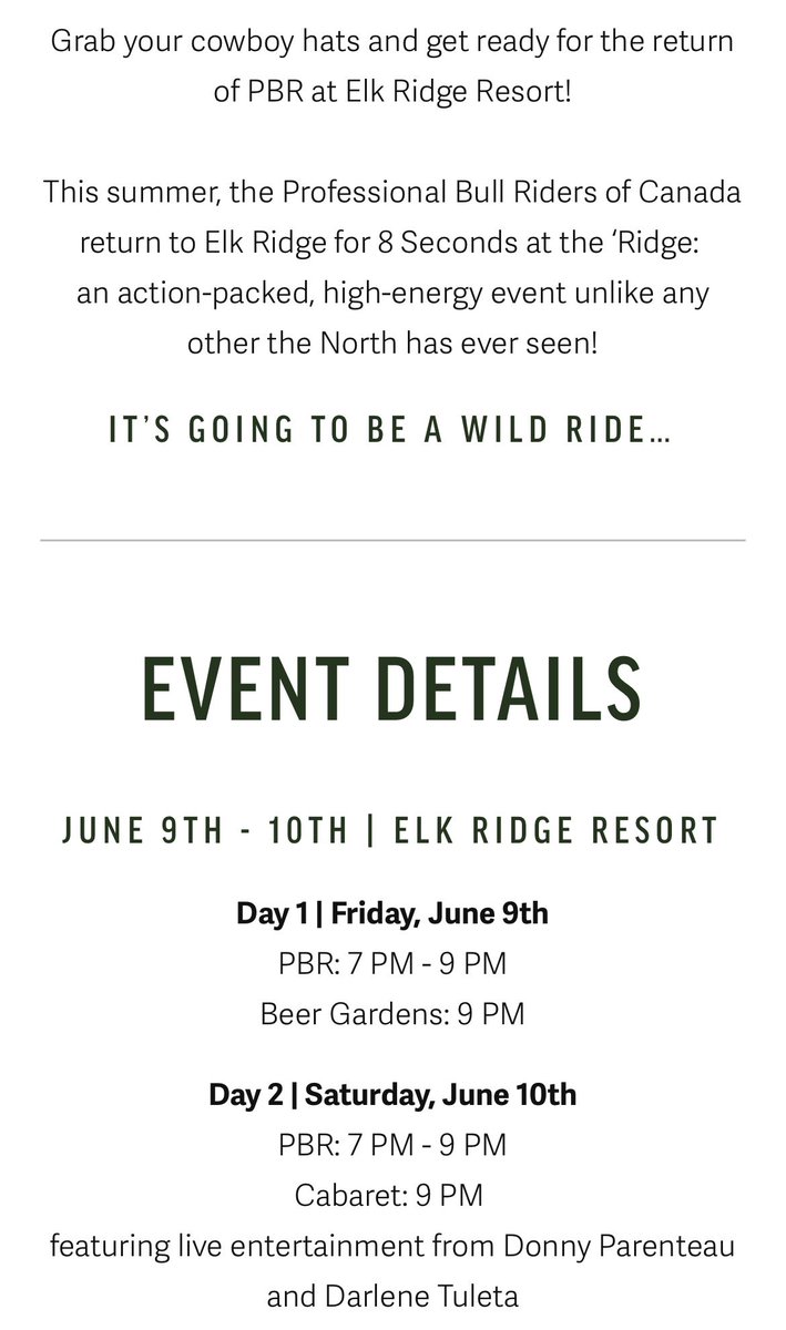 ElkRidgeResort's tweet photo. Our final tickets have been released and are going quickly! Don’t miss out on 8 Seconds at the Ridge happening June 9th&amp; 10th. Get your tickets today at https://t.co/bKN9P48PNm https://t.co/q2baYgRECR
