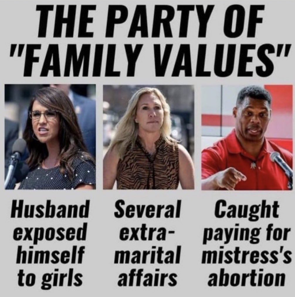 Lauren Boebert is going through a divorce, and Marjorie Taylor Greene husband divorced her because of all of her extramarital affairs, and she’s still with Brian Glenn, the last person she cheated on her husband with. 

The Party of Family Values Amirite?