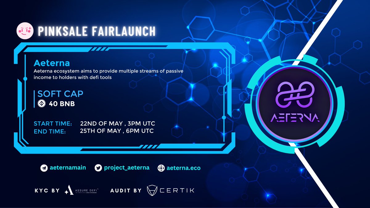 project_aeterna's tweet photo. Hey folks. Hope your all doing well. We are excited to inform you that our #pinksale fairlaunch will go live in few days . Lots of surprises planned ahead. Time to make bsc great again🔥🔥. #Aeterna #altcoin #passiveIncome #Binance   #Elon_Musk $Aeterna #Bitcoin  #Bscchain https://t.co/otbX7npzx6