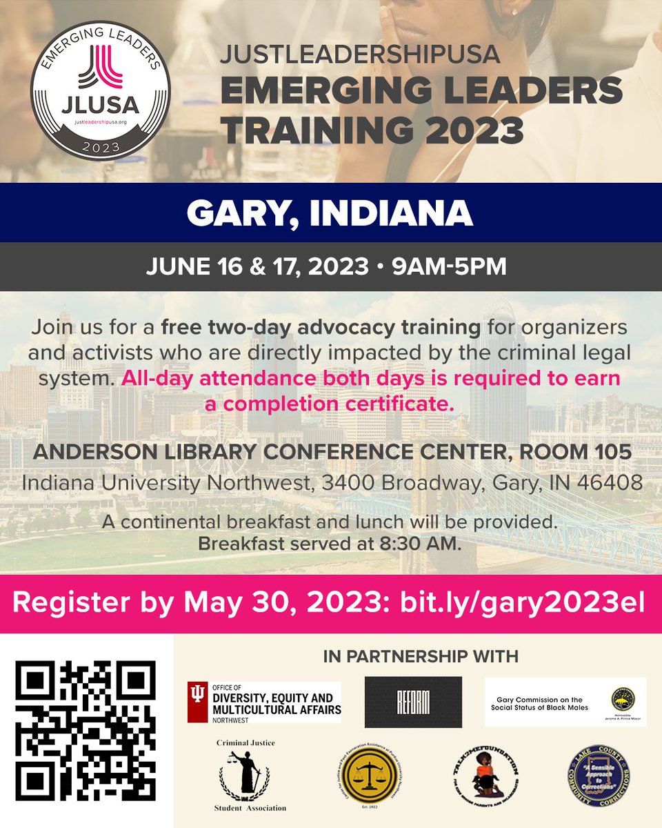 Registration for Emerging Leaders in Gary, Indiana has been extended to May 30!  

Sign up now for our FREE two-day advocacy training for systems-impacted organizers and activists on June 16-17 in Gary, Indiana at bit.ly/gary2023el.