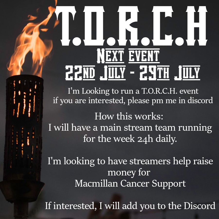 Focus42_'s tweet photo. The next #TORCHevent are accepting applications.
Looking for #streamers to help out one way or another. 22nd July - 29th July 2023
Raising money for @macmillancancer
PM me if you would like more details/interested in joining us.
@WorldofWarships @Twitch #raising #charity #hope https://t.co/MgwsyVHpRa