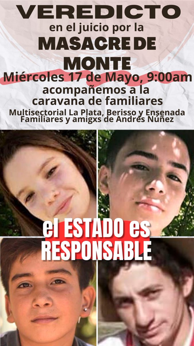 CORREPI's tweet photo. #MAÑANA
#LaPlata

Sentencia en el Juicio por la Masacre de Monte.
Exigimos perpetua a los policía asesinos.

BASTA DE GATILLO FÁCIL
BASTA DE IMPUNIDAD

#ElEstadoEsResponsable https://t.co/N7t6yker7M