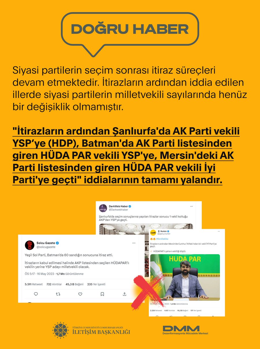 dmmiletisim's tweet photo. "İtirazların ardından;

❌Şanlıurfa'da AK Parti vekili YSP'ye (HDP)
❌Batman'da AK Parti listesinden giren HÜDA PAR vekili YSP'ye
❌Mersin'de AK Parti vekili İyi Parti'ye geçti"

✅Şeklindeki iddiaların tamamı asılsızdır.⬇️ https://t.co/AJ6xvBQFsF