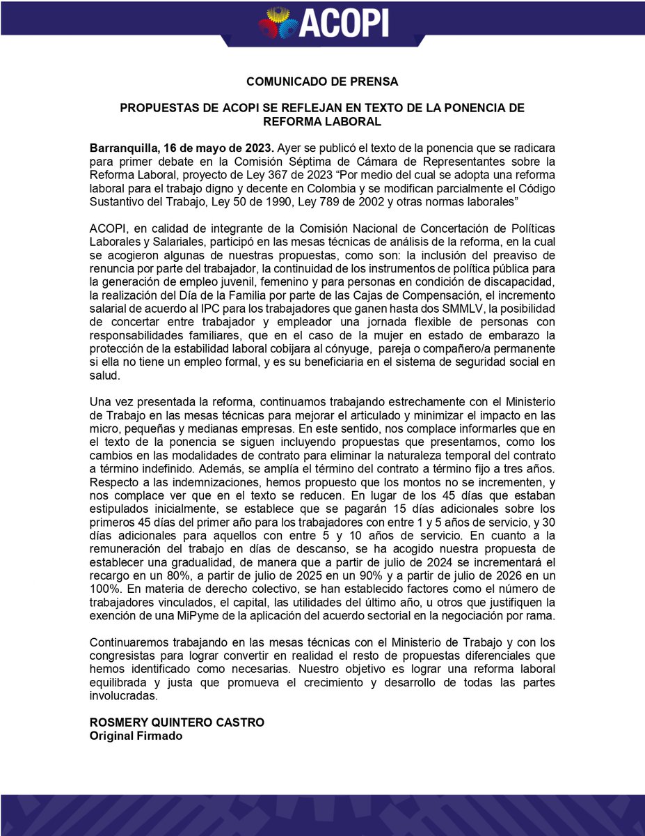 @MintrabajoCol #ComunicadoDePrensa 'Propuestas de Acopi se reflejan en texto de la Ponencia de Reforma Laboral' ¡Trabajando por el trabajo digno y decente en Colombia! 🇨🇴 #Acopi #ReformaLaboral'