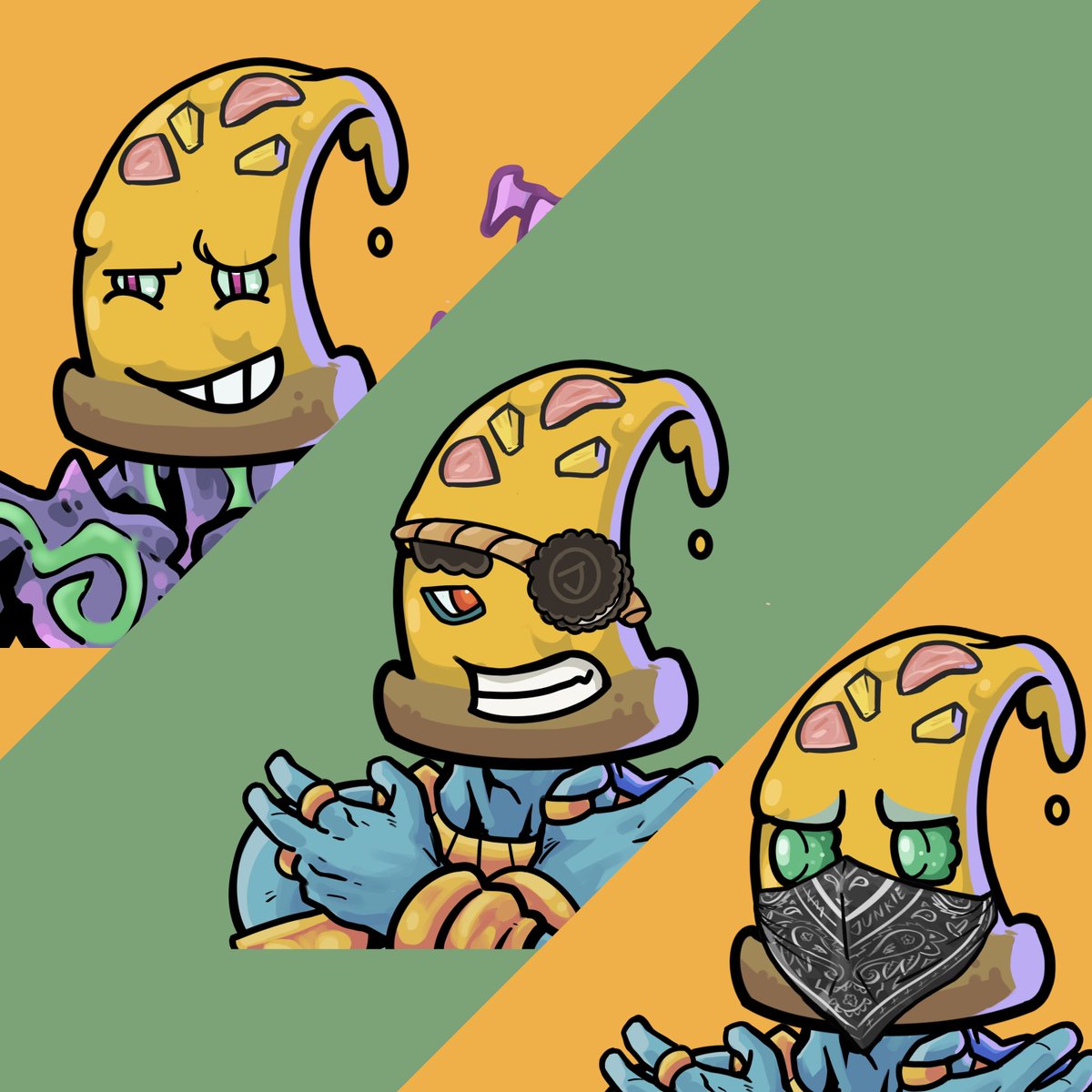 This spud's about to eat 3 slices of Hawaiian Pizza to achieve a Power Level of 39,580!

What should his Veggielante name be?
🔸Mashido Zappato
🔸Spudmaster Taterashi
🔸Shocktuber
Or should the pizzas be saved? Let me know!

Gotta love <a href="/VeggieMatesNFT/">Veggiemates</a> and the #franchisepass!