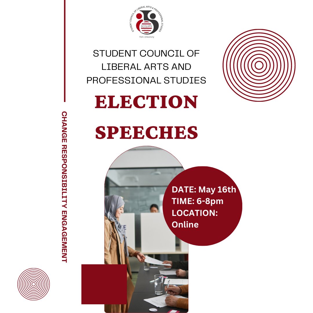 Hey SCOLAPS!

Join us at our 2023-2024 election speeches happening online TONIGHT from 6-8pm 🎙️

Feel free to email any questions in regard to the election to the CRO at councilcro@gmail.com ✉️

Register using the link in our bio 🔗