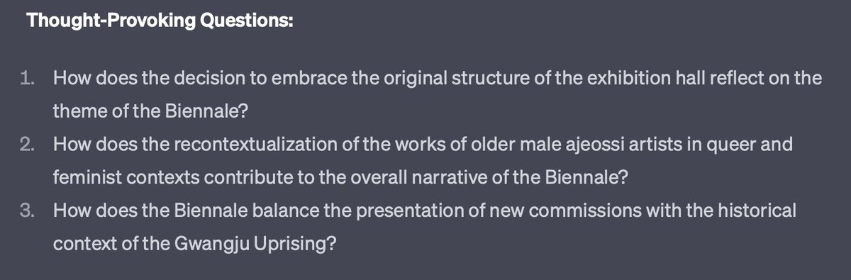 Plugins in #GPT4 bieten u.a.  Möglichkeit, Websiten, z.B. Blogbeiträge zusammenzufassen, hier am Beispiel e-flux. Gibt man eine URL ein, wird automatisch der "Webpilot" aktiviert. Und als Bonus gibts noch "though-provoking questions" zum Text, wie im Seminar☺️ #plugins  #webpilot