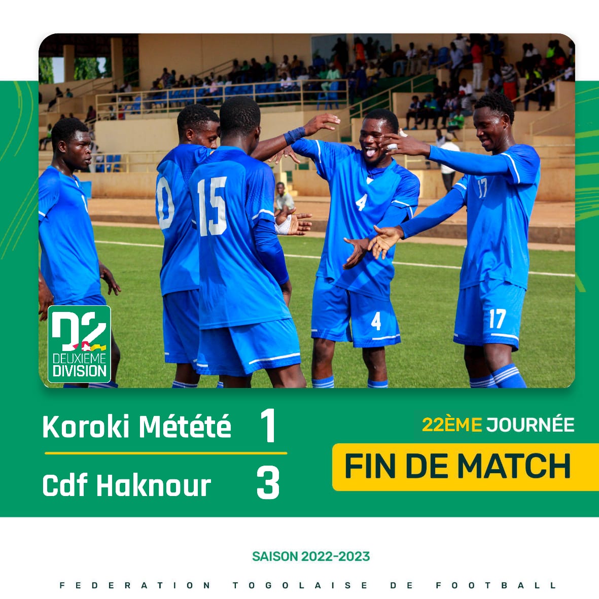 FtfTogolaise's tweet photo. 🟥#D2TOGOLAISE🇹🇬
Victoire du #CDFHAKNOUR 3⃣ buts à 1⃣ face à #KOROKI en match avancé de la 22ème journée. https://t.co/rf5va5mkeq