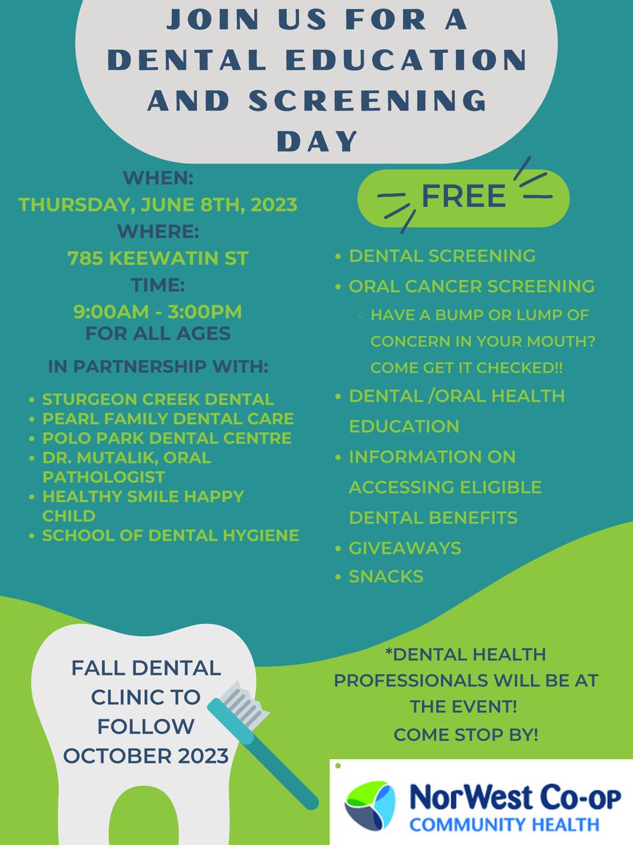 NorWestCFC's tweet image. Join Us for a FREE Dental Education and Screening Day.  We will have dental professionals onsite!

Access NorWest
785 Keewatin St
June 8th from 9am – 3 pm.

Drop in OR call 204-938-5900 if you prefer to have a scheduled dental screening appointment.

#JoinUs #NorWest #DentalDay