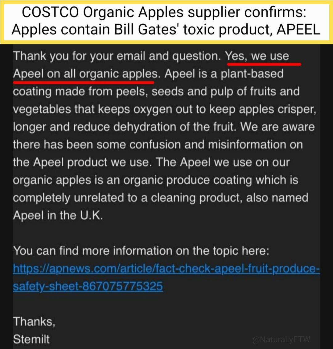 🚨 Breaking: COSTCO Organic apples contain "Apeel" - the dangerous new coating brought to you by Bill Gates. 

P.S. it can't be washed off.