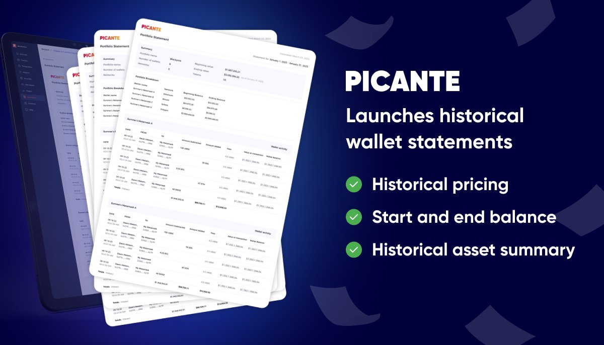 PicanteIO's tweet photo. 📢 Big News! We're introducing Wallet Statements. Users can now access monthly statements that show their starting &amp; ending balances, historical transaction details, and historical asset positions. A total game changer for analyzing your treasury's performance.
#DeFi #DAOs #ETH https://t.co/TgAeQN2F1u