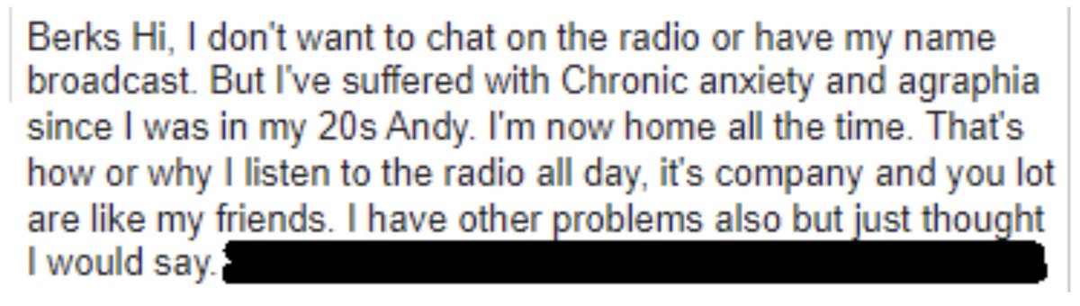 A text I got from a listener tonight (I’ve censored it so as to not identify them). Maybe an illustration of the importance of local radio? ❤️