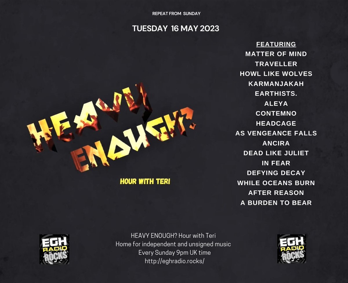 HeavyEnough Hour with Teri (@musicmatterstee) on Twitter photo Today 9pmBST #worldwide <a href="/EGHRocks/">EGH Radio Rocks</a> #HeavyEnough Hour
#ListenHere eghradio.rocks/player_stream/
Listen to the new bangers from-
<a href="/MatterOfMindd/">๐๐๐ญ๐ญ๐๐ซ ๐๐ ๐๐ข๐ง๐</a> #Traveller @howllikewolves_ <a href="/karmanjakah/">Karmanjakah</a> <a href="/EarthistsJP/">Earthists.(ใขใผใทในใ)</a> <a href="/aleyauk/">๐ฃ Aleya ๐ฃ</a> <a href="/ContemnoUk/">Contemno UK</a> <a href="/headcageuk/">headcage</a>
Info: facebook.com/HeavyEnoughHouโฆ
#NewMusicAlert #ListenAgain Today 9pmBST #worldwide <a href="/EGHRocks/">EGH Radio Rocks</a> #HeavyEnough Hour
#ListenHere eghradio.rocks/player_stream/
Listen to the new bangers from-
<a href="/MatterOfMindd/">๐๐๐ญ๐ญ๐๐ซ ๐๐ ๐๐ข๐ง๐</a> #Traveller @howllikewolves_ <a href="/karmanjakah/">Karmanjakah</a> <a href="/EarthistsJP/">Earthists.(ใขใผใทในใ)</a> <a href="/aleyauk/">๐ฃ Aleya ๐ฃ</a> <a href="/ContemnoUk/">Contemno UK</a> <a href="/headcageuk/">headcage</a>
Info: facebook.com/HeavyEnoughHouโฆ
#NewMusicAlert #ListenAgain