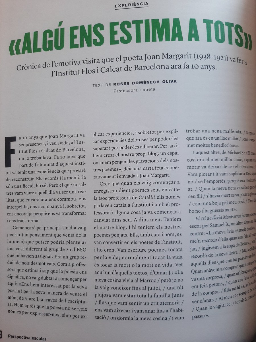 JuliaCubarsi's tweet photo. Fantàstica crònica d'una experiència a l'aula amb poesia sobre la vida i la mort, featuring  Joan Margarit!
Número d'aquest maig-agost de la revista #Perspectiva @RosaSensat https://t.co/8hA7wZXwPm