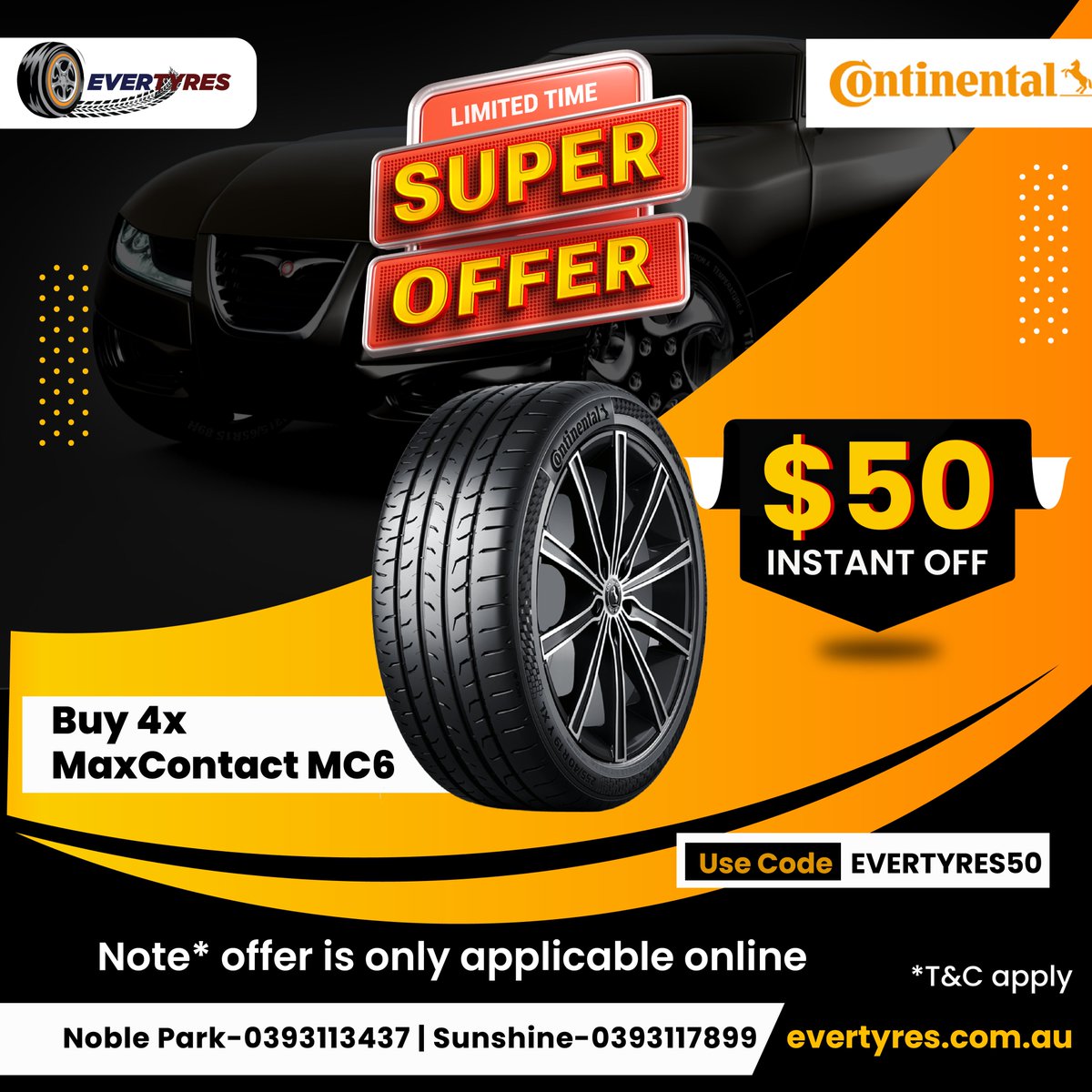 🚨Get $50 off instantly when you buy 4 Continental MC6 Tyres from Evertyres🚨

Hurry, limited-time offer! 🔥💰👀

✅Expert Fitting & Balancing 🔧👌
✅Fast & Secure Delivery 🚚💨
✅ Free Tyres Checkup Service 👨‍🔧

Note* offer only applicable on online

#evertyres #continentaltyres