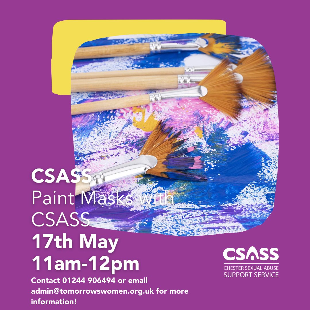 CSASService's tweet photo. Join us on the 10th of May 11-12 to make Macrame and chat about CSASS.
Contact 01244 906494 or email admin@tomorrowswomen.org.uk to book your place and find out more! 💜
#csass #sexualabuse #rapecrisis #survivors #SupportSurvivors #wellbeing #chester https://t.co/CRTnJPzchT