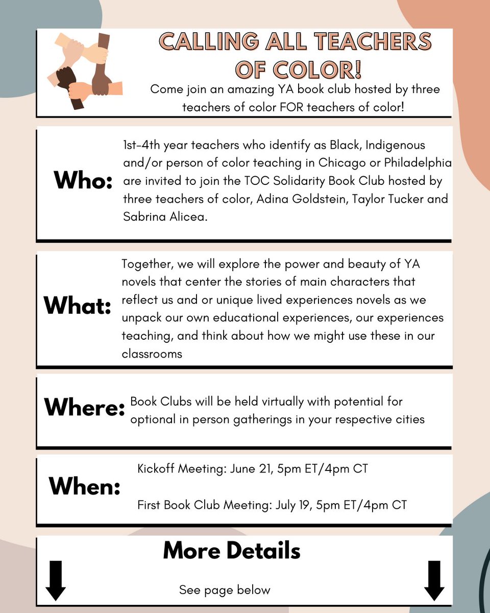adinashaode's tweet photo. Know any awesome teachers of color located in the Philadelphia or Chicago areas? 

Beyond grateful to join forces w/ some of the most inspiring #womenofcolor and #teacher #rolemodels that I know to share an opportunity for #teacehrsofcolor to come together to learn, heal &amp; grow! https://t.co/rX8vE0xnWv