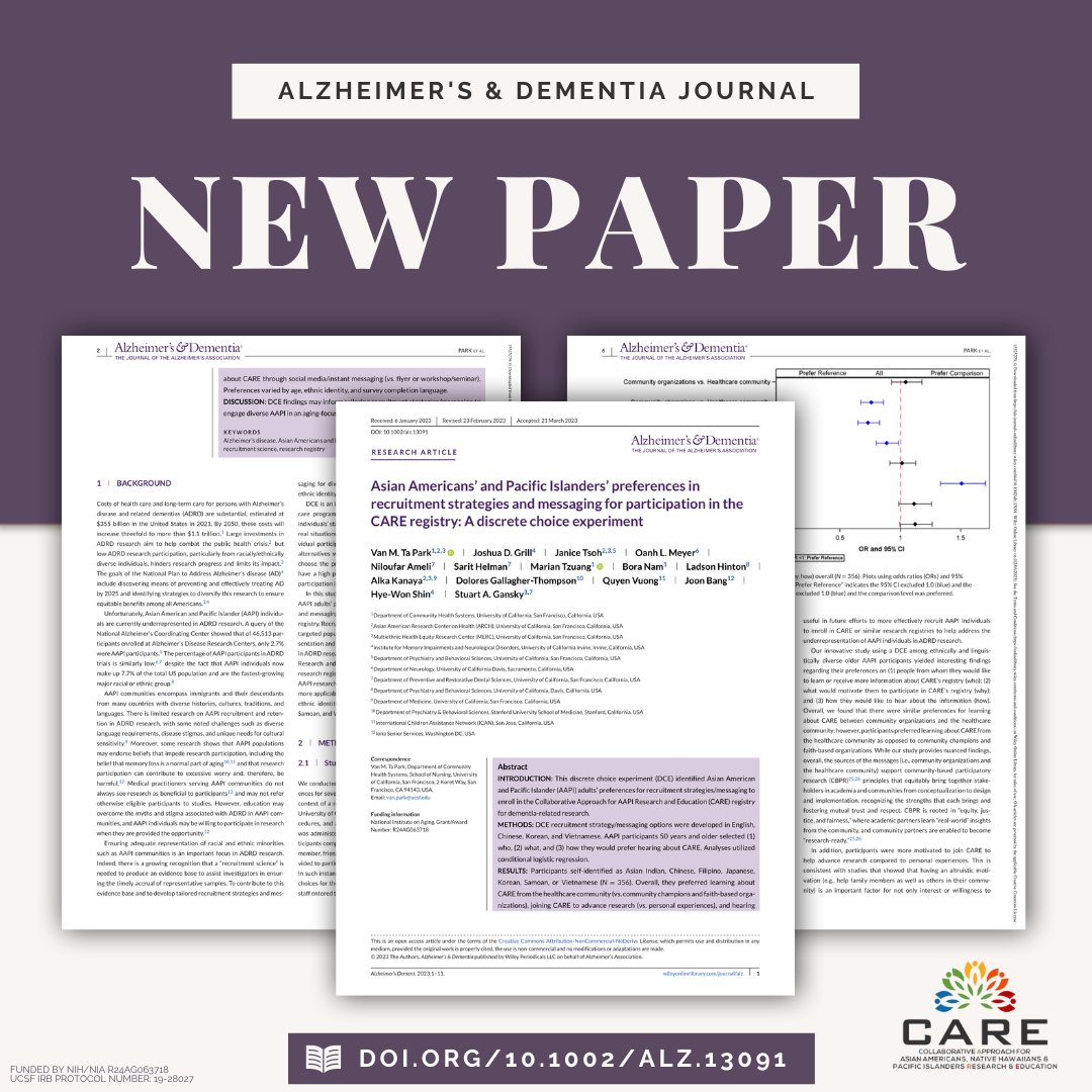We are so excited to announce our paper, “Asian Americans’ and Pacific Islanders’ preferences in recruitment strategies and messaging for participation in the CARE registry: A discrete choice experiment”, has been published in the Alzheimer's &amp; Dementia Journal!