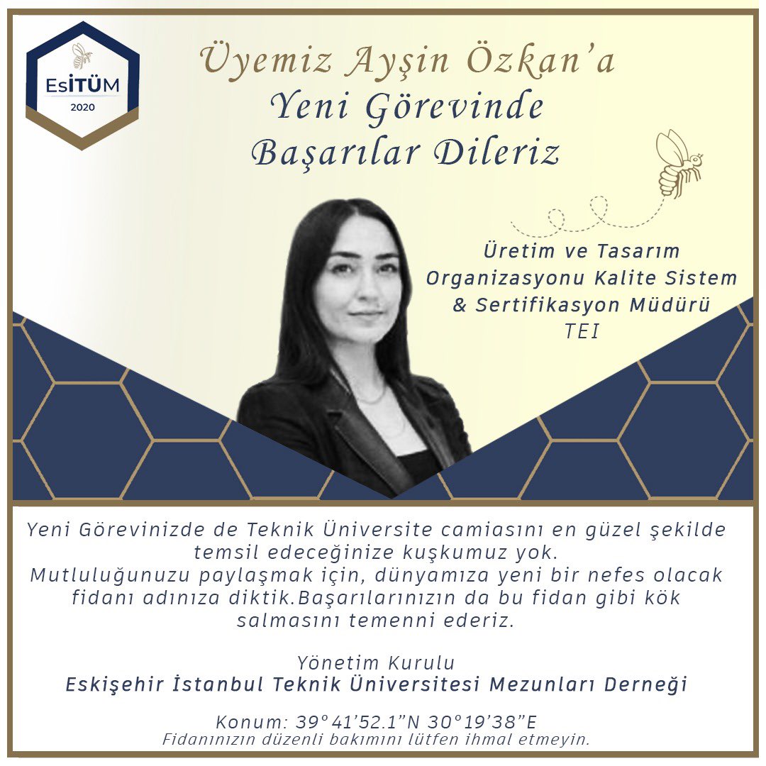 📢 İTÜ Metalurji ve Malzeme Mühendisliği 2009 mezunumuz Ayşin Özkan’ın Tusaş Motor Sanayii (TEI)’de, “Üretim &amp; Tasarım Organizasyonu Kalite Sistem ve Sertifikasyon Müdürü” pozisyonuna atandığını bildirmekten mutluluk ve gurur duyuyoruz. Üyemize yeni görevinde başarılar dileriz.