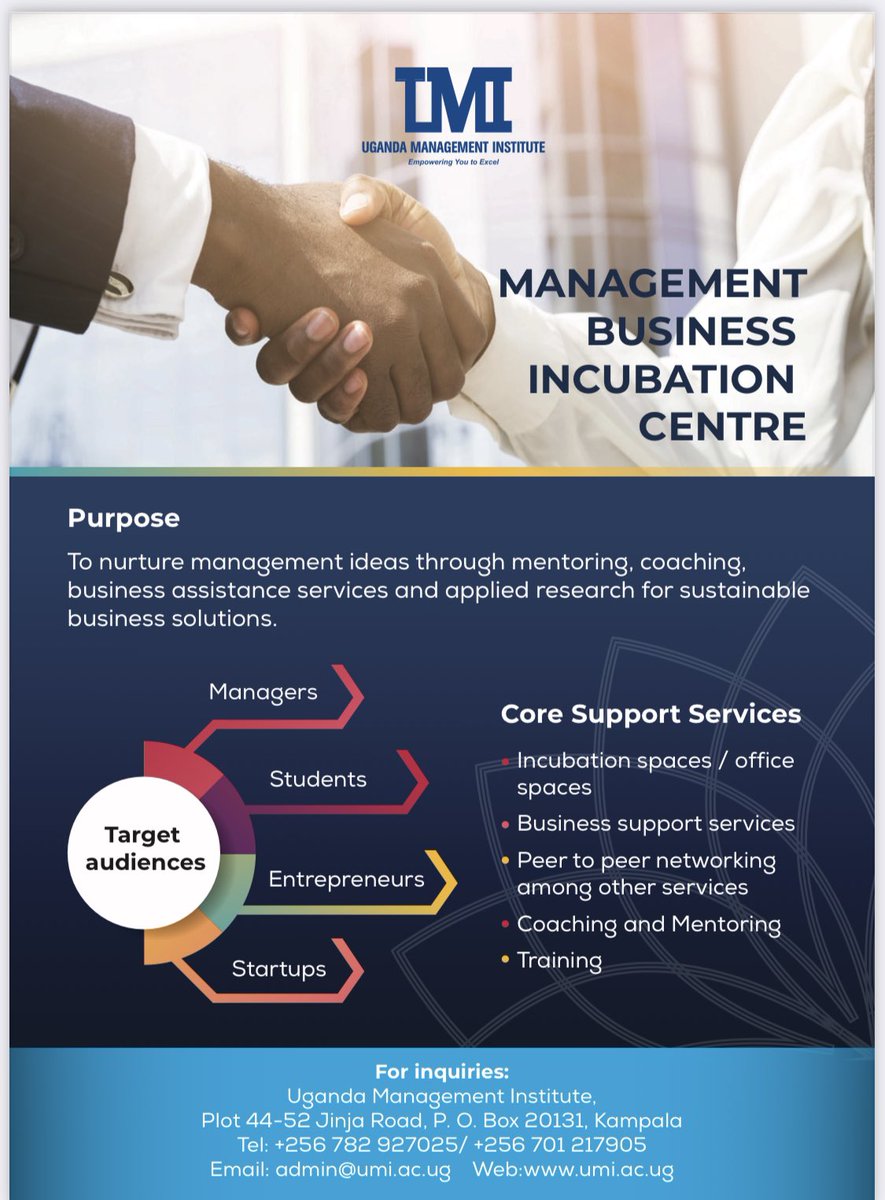 UMI presents to you the “Management Business Incubation Centre” (MBIC) to nurture mgt’ ideas through mentoring, coaching, business assistance services and applied research for sustainable business solutions.
We are just a call away on 0782927025 for more info.