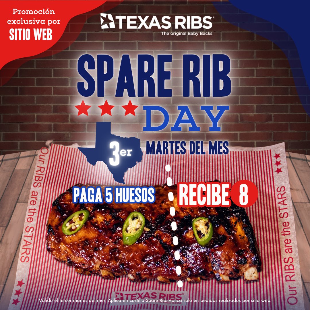 ¡Hoy es el tercer martes de mayo! Y eso significa PROMO en #texasribs. Pide tus #spare #rib a precio especial
Pide aquí: ribs.mx/pide-aqui