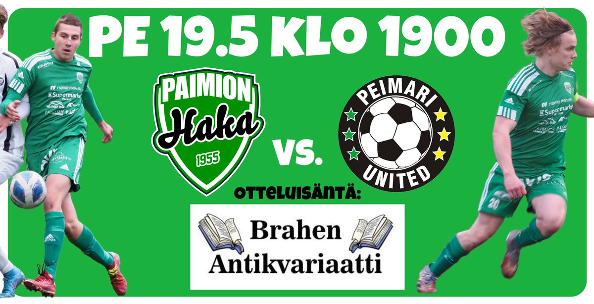 On kauden ensimmäisen paikallismatsin vuoro, kun Paimion Hakan jalkapallon miesten edustusjoukkue saa perjantaina klo 1900 alkavassa Brahen Antikvariaatin isännöimässä ottelussa vieraita Sauvosta! 

Tervetuloa seuraamaan viihdyttävää futista!