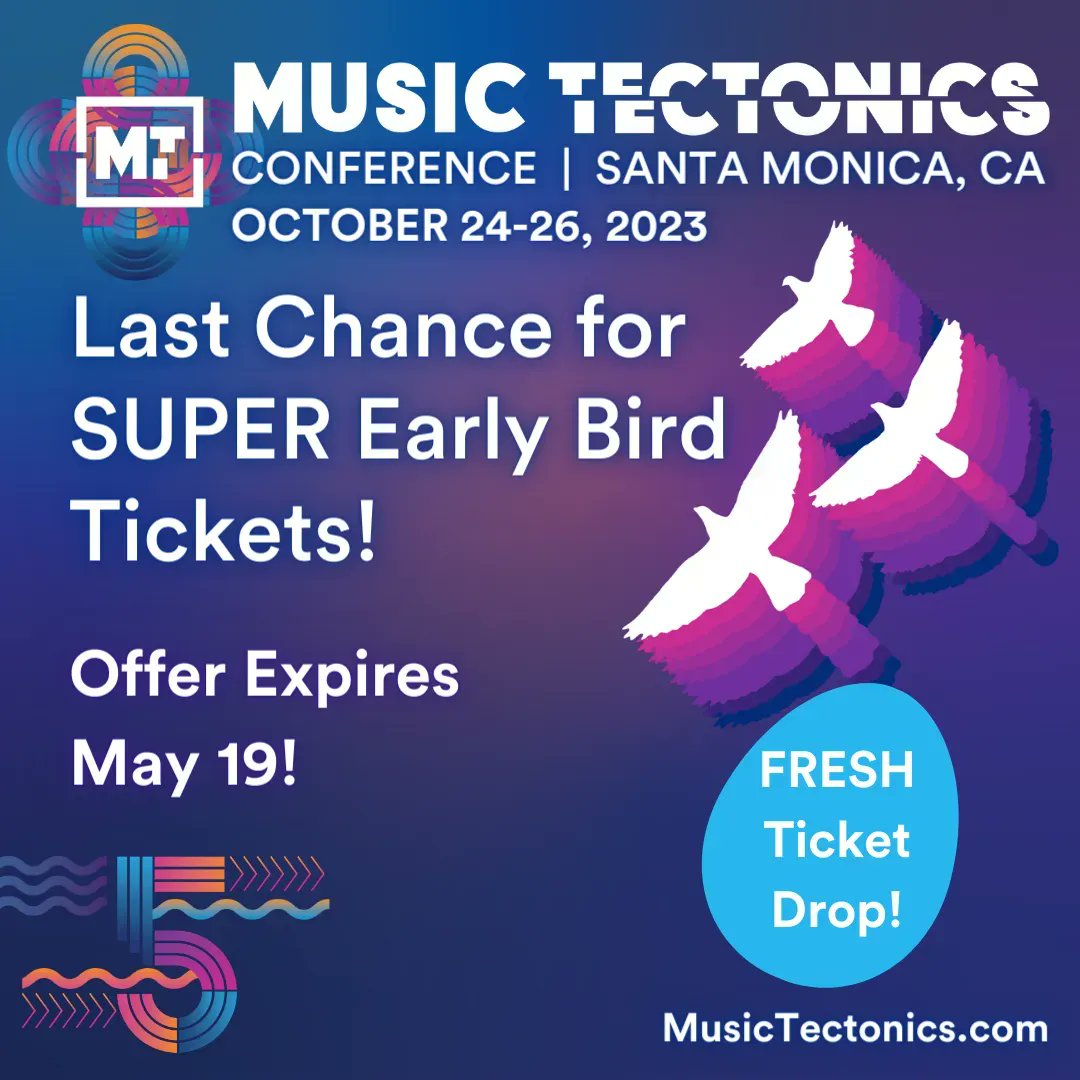 MusicTectonics's tweet image. FRESH #ticketdrop: We sold out of Super Early Bird Tickets to the Music Tectonics Conference, but we just added more! Get yours before they expire May 19: bit.ly/3BuIoVk 
Your ticket gets you in to 3 days of connection and insights with #musictech's top innovators!