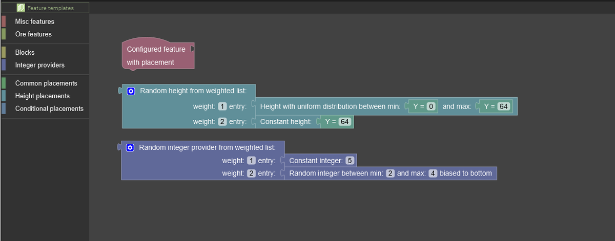 PyloDEV's tweet photo. #MCreator 2023.2 will add support for weighted int and height providers, allowing one to eg. specify different heights where the ore can generate, with different probability rates for different heights. More about upcoming features at https://t.co/f6BT4RLR8u https://t.co/b9GDh4lCRe