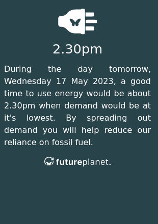 During the day tomorrow, Wednesday 17 May 2023, a good time to use energy would be about 2.30pm when demand would be at it's lowest.  By spreading out demand you will help reduce our reliance on fossil fuel.