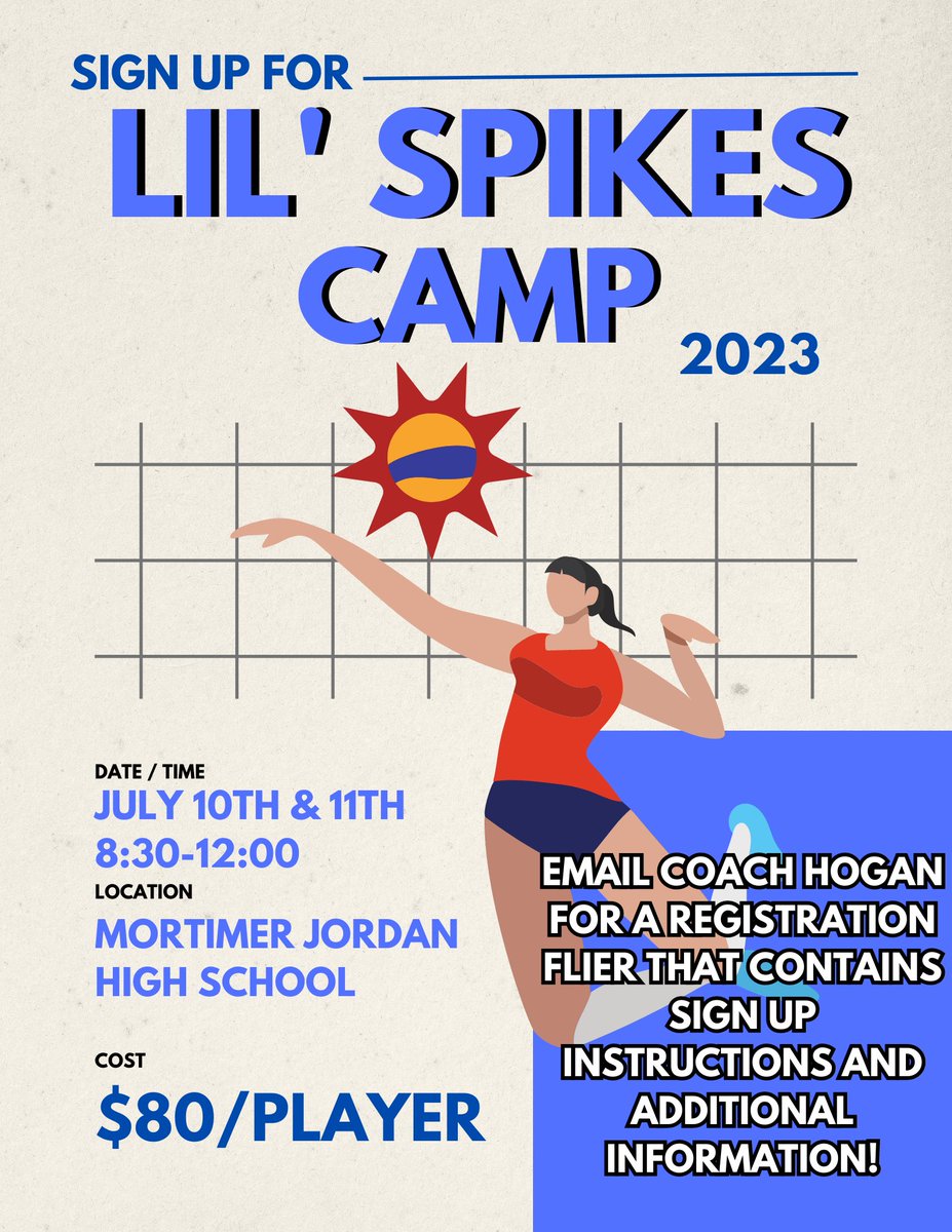 JORDANVBALL1's tweet photo. Make sure you sign up for Lil’ Spikes camp this summer! Sign up by June 20th to guarantee a T-shirt! https://t.co/rTDNUd3V36