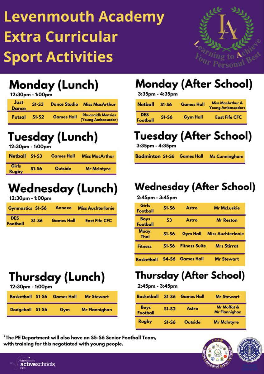LevenmouthAc's tweet photo. 🏐#LevAcPE EXTRA-CURRICULAR🏀
Our PE Department & @FifeActiveSch extra-curricular boards have been updated with the addition of our NEW clubs🙌🏻
Young people will also find out extra-curricular posters around the school👀
Speak to the PE Department for more info🤩
#ICAN💜
👇🏻 https://t.co/kXQFBNQpSj