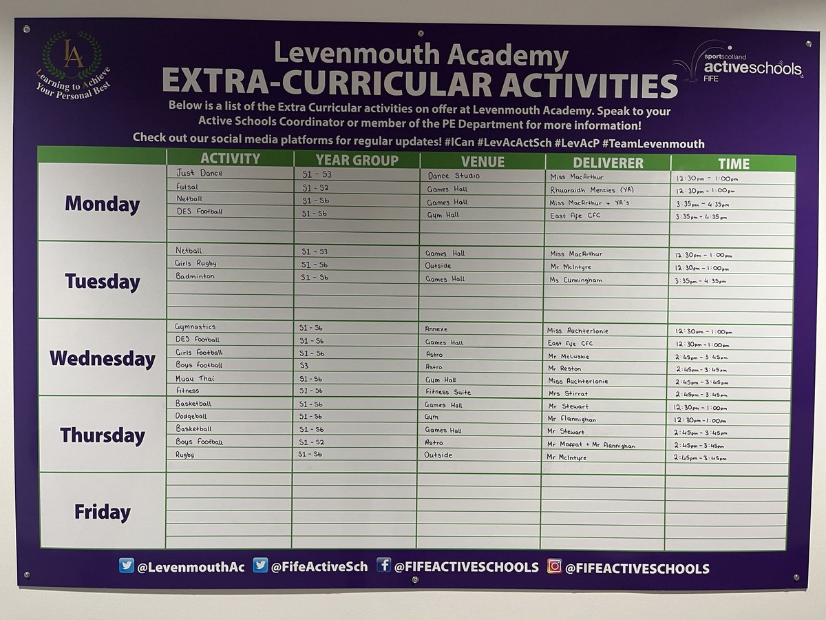 LevenmouthAc's tweet photo. 🏐#LevAcPE EXTRA-CURRICULAR🏀
Our PE Department & @FifeActiveSch extra-curricular boards have been updated with the addition of our NEW clubs🙌🏻
Young people will also find out extra-curricular posters around the school👀
Speak to the PE Department for more info🤩
#ICAN💜
👇🏻 https://t.co/kXQFBNQpSj