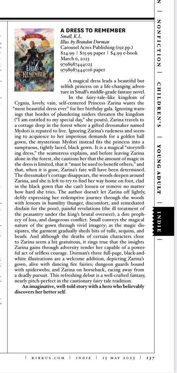 KLSmall_Author's tweet image. A DRESS TO REMEMBER- review was included in the May 15 Kirkus Review magazine in the Indie section (page 137).
#fairytale #BookReview #kirkus #book #mg #mglit