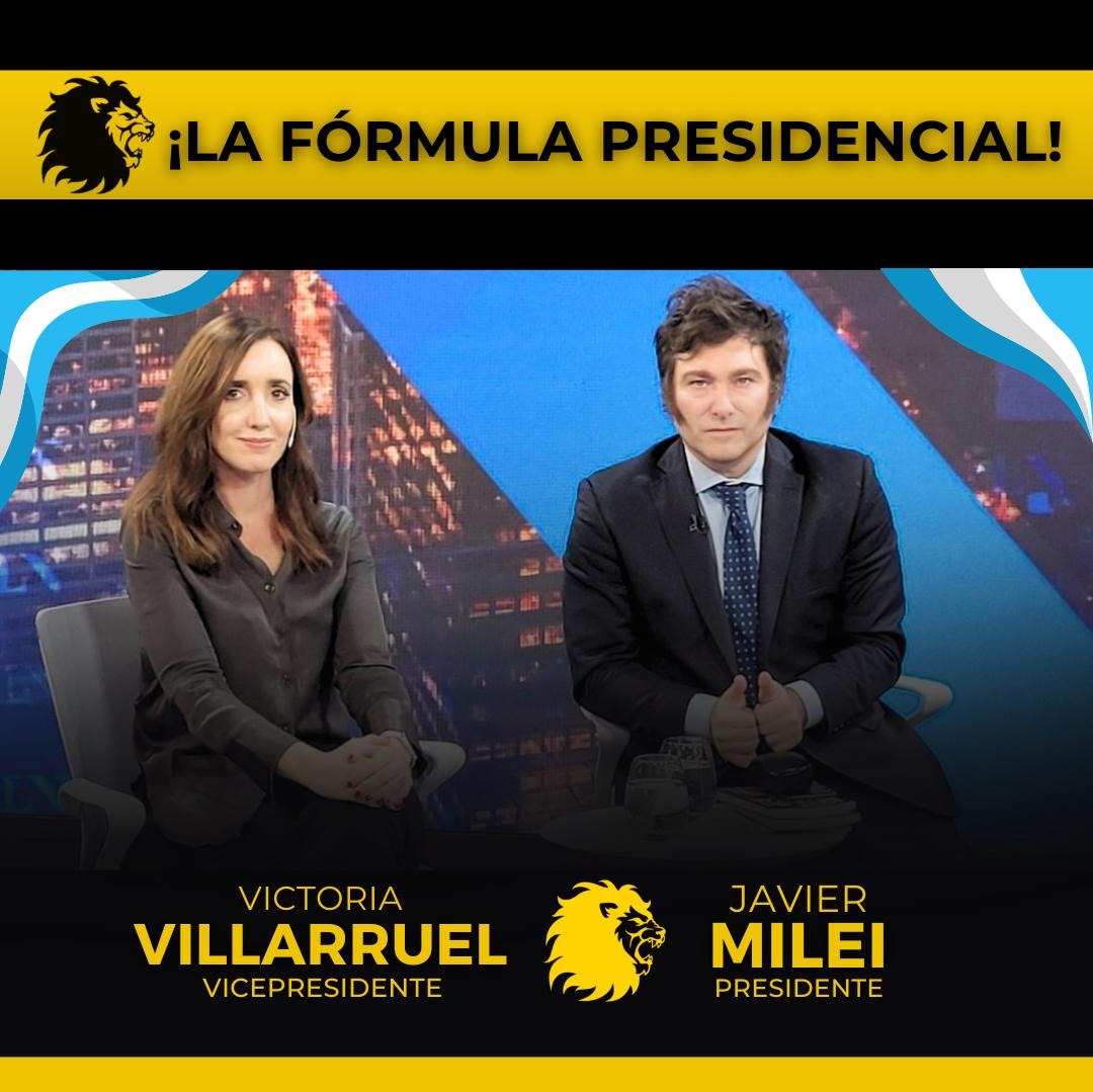 FuerzaLibCente's tweet photo. 🇦🇷 ¡LA FORMULA PRESIDENCIAL! 🇦🇷
@JMilei anunció oficialmente que Victoria Villarruel, será su compañera de fórmula como Candidata a Vicepresidente.

�� ¡Desde el equipo de Fuerza Libertaria Centenario de la Provincia de Neuquén Felicitamos a @VickyVillarruel !💛 https://t.co/FDboUqe0bj