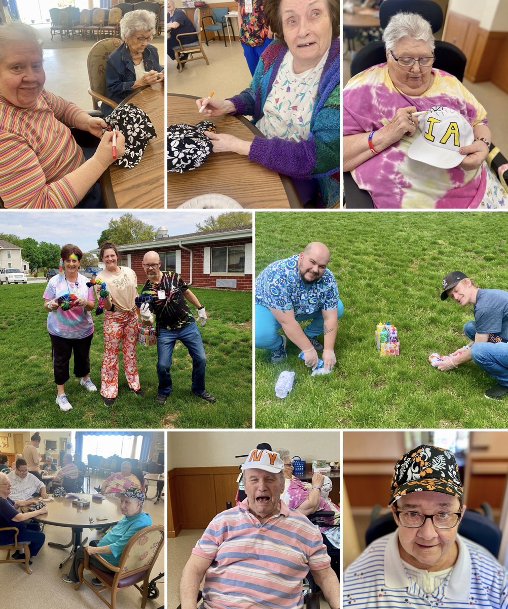 AzriaHealth's tweet photo. Day 2 of @ahcancal's #NationalSkilledNursingCareWeek at #AzriaHealthRoseVista! Today was '#DressLikeAHippieDay!' We tie-dyed anything white and dressed like Hippies! We colored our hats and then sat outside to enjoy the weather!
#AzriaHealth #NSNCW #AHCANCAL #AHCA #NCAL #TieDye https://t.co/Qo9f9J63J5
