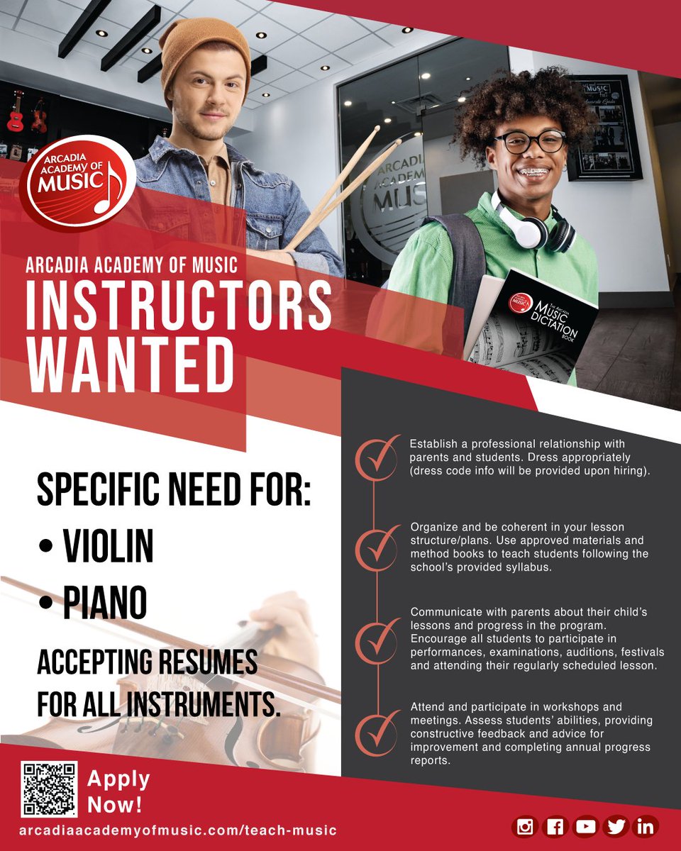 We're hiring! Specific need for violin and piano instructors. Accepting resumes for all instruments. Link in bio or use the QR code. #arcadiaacademyofmusic #musiclessons #violininstructor #pianoinstructor #musicteacher