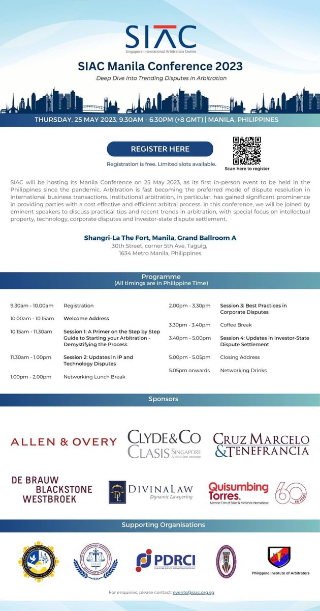 PDRC_org's tweet photo. The Philippine Dispute Resolution Center Inc. (PDRCI) is proud to be a supporting organization of the Singapore International Arbitration Centre Manila Conference 2023, which will be held on May 25. 

For details, visit https://t.co/Bcf8D40FoX. https://t.co/FsER3GRajz