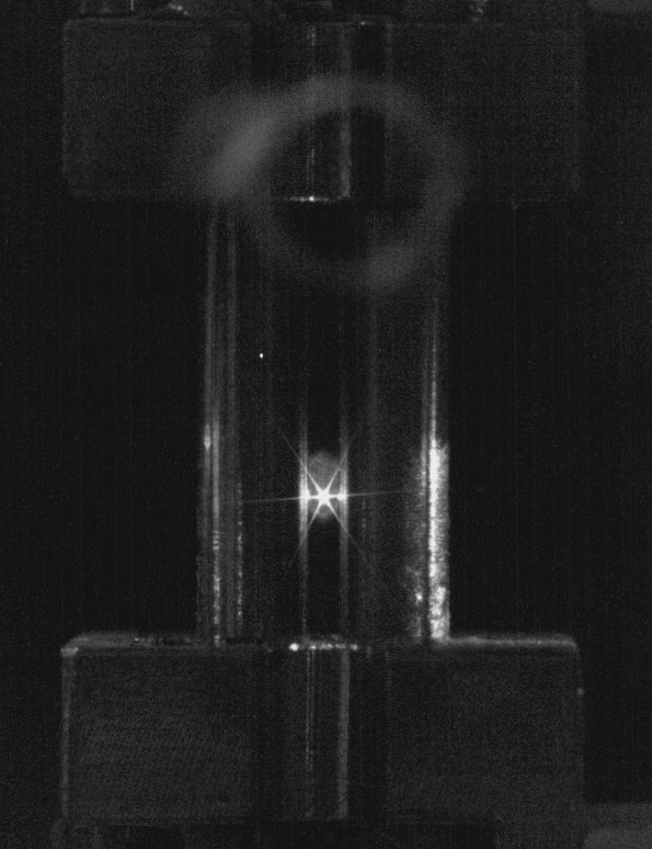 liaf_quantum's tweet photo. Una micropartícula de licopodio atrapada en una trampa de Paul. Al estar formada por miles de millones de átomos la fuerza gravitatoria compite con la fuerza eléctrica y determina su posición vertical. En este caso saca ventaja la gravedad y cuelga un poco por debajo del centro. https://t.co/2N5pgpvUHG