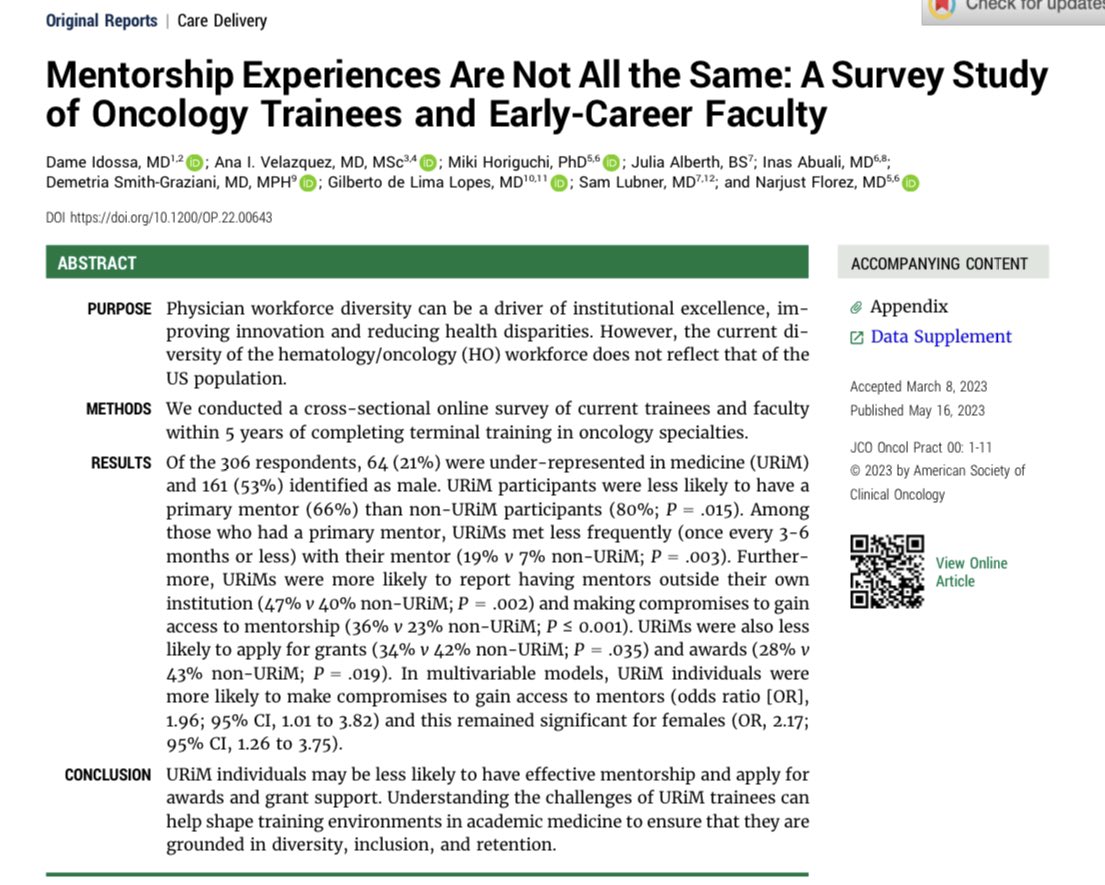 Ana I. Velázquez Mañana, MD, MSc, FASCO (@anavmanana) on Twitter photo Excited to share this important work led by @Idossa_MD describing #mentorship challenges among #hematology #oncology trainees specifically highlighting challenges faced #WomenInMedicine & URiM fellows
🔗 ascopubs.org/doi/abs/10.120…
#MedEd #OncMedEd <a href="/JCOOP_ASCO/">JCO Oncology Practice</a> <a href="/ASCO/">ASCO</a> <a href="/Florez_Lab/">#FlorezLab</a> Excited to share this important work led by @Idossa_MD describing #mentorship challenges among #hematology #oncology trainees specifically highlighting challenges faced #WomenInMedicine & URiM fellows
🔗 ascopubs.org/doi/abs/10.120…
#MedEd #OncMedEd <a href="/JCOOP_ASCO/">JCO Oncology Practice</a> <a href="/ASCO/">ASCO</a> <a href="/Florez_Lab/">#FlorezLab</a>