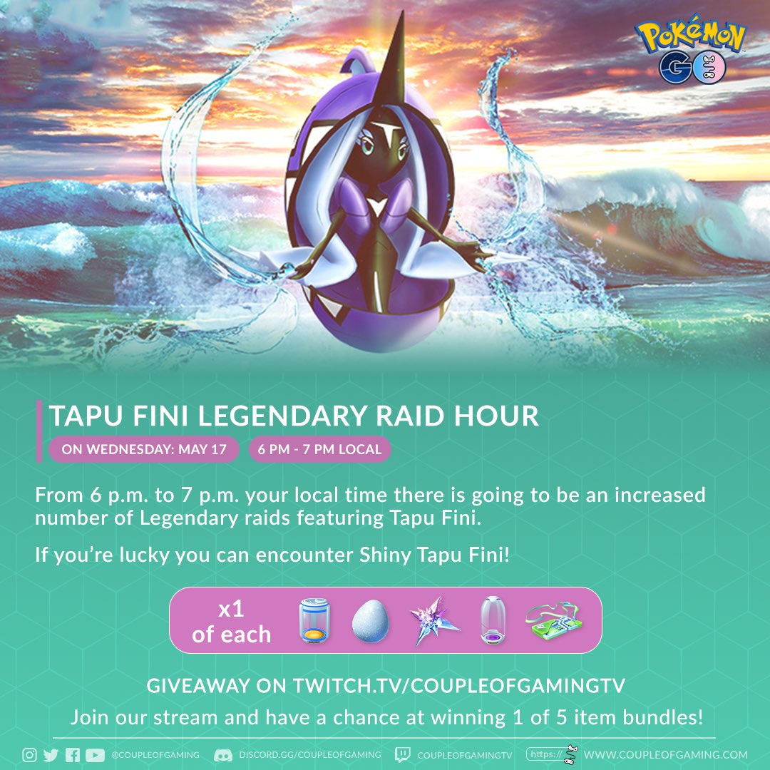 coupleofgaming's tweet photo. #TapuFini is getting a second #LegendaryRaidHour in #PokemonGO 💧
Join us on https://t.co/tkHWv8iPVs for raids, item giveaways & with extra luck you get yourself a #ShinyTapuFini ✨ https://t.co/AHiCMz0arR
