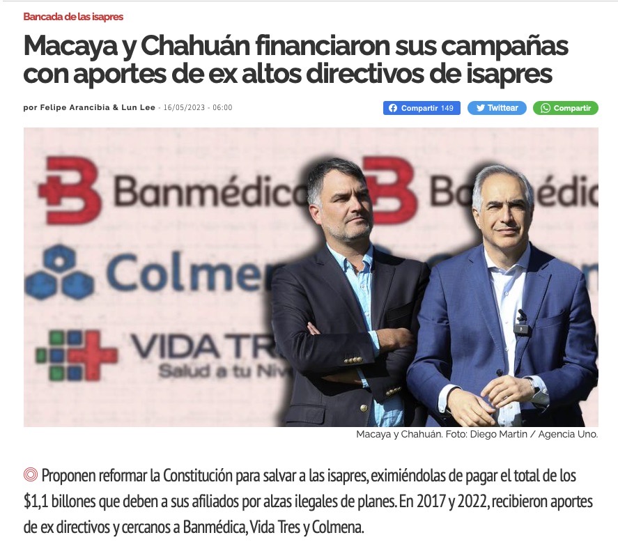 Piureman's tweet photo. Macaya y Chahuán, —miembros de la bancada Isapres que propuso ley-perdonazo a Isapres, ladronas de 1.400 palos verdes a trabajadores—, financiaron sus campañas con aportes de ex altos directivos de isapres. https://t.co/X4vcqi3yvB https://t.co/ZFMN46esKJ