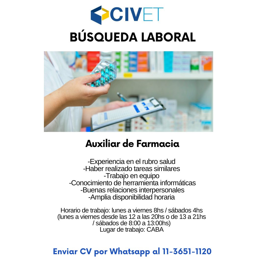 civeteducacion's tweet photo. #CIVET ➡ BÚSQUEDAS LABORALES 
📌 Auxiliar de Farmacia en CABA
ℹ Enviar CV por Whatsapp al 11-3651-1120
#busquedalaboral #busquedalaboralcaba #busquedaempleo #ofertadetrabajo #ofertadeempleo #cv #presentarcv #empleo #auxiliarfarmacia #empleoenfarmacia https://t.co/y5TSkEmVaV