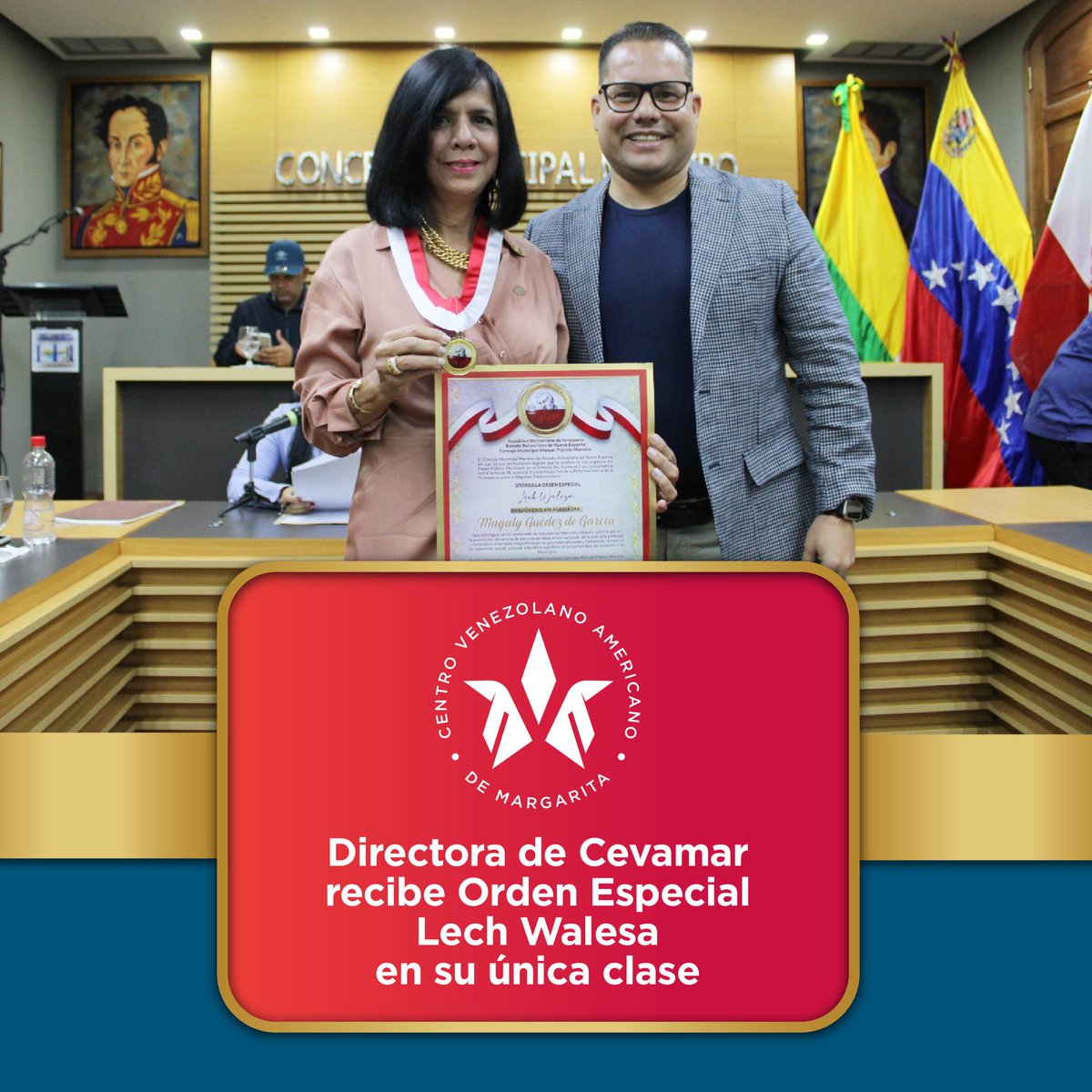 accevamar's tweet photo. Felicitamos a nuestra directora Magaly Guédez por recibir la orden especial Lech Walesa única en su clase por parte del Concejo Municipal de Maneiro
#Cevamar #TrabajoYEsfuerzo #Logros #Conmemoracion #DiaDeLaBanderaPolaca https://t.co/32sBeh9fzU