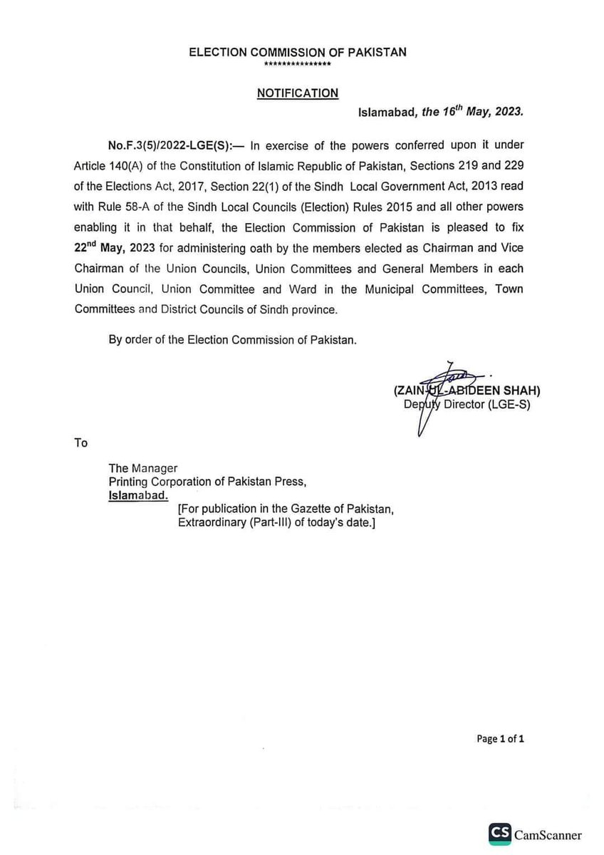 HullioSikandar's tweet image. Finally, the @ECP_Pakistan fixes the date - May 22, 2023, for administering an oath to the elected members of #LocalGovts in the Sindh.

Once the oath is administered, then the schedule for mayoral and other elections would be announced and held, hopefully that too soon.