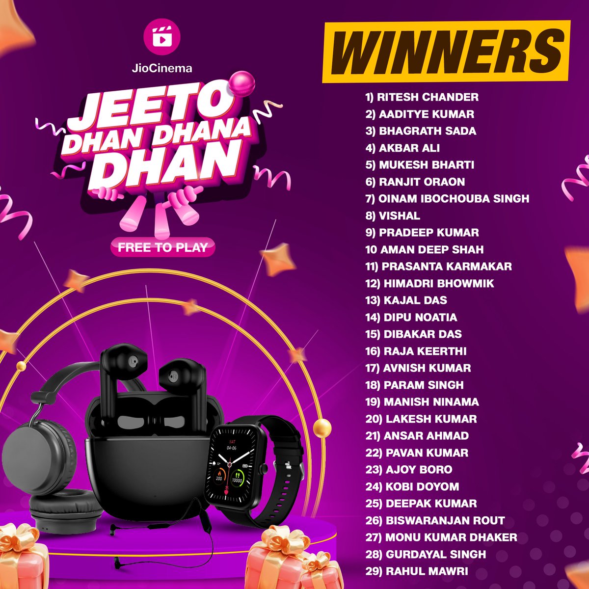 Our #JeetoDhanDhanaDhan winners for #SRHvLSG 👏

Stand a chance to win amazing prizes every matchday by answer simple questions before every over! 

T&amp;Cs apply, 18+ only

#IPLonJioCinema