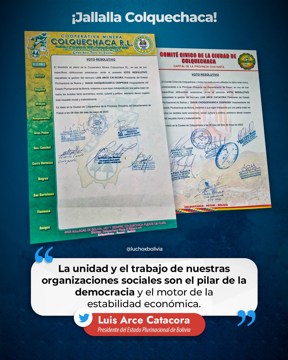 ahora_elpueblo's tweet photo. #LoDijoAsí | 🔵 🇧🇴 El presidente #LuisArce destacó que las organizaciones sociales son el pilar de la democracia; en ese sentido agradeció el respaldo del Comité Cívico de #Colquechaca y de la Cooperativa Minera Colquechaca de #Potosí.
https://t.co/JLO1gPDX1h https://t.co/lNttaf6UO0