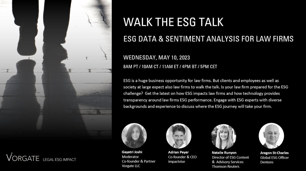 esgshare's tweet photo. Catch the session replay: Walk the ESG Talk.  

ESG areas law firms are focusing on; aligning advice with GCs concerns, measuring ESG performance, client requests, and navigating the politics of ESG - @impactvise - @thomsonreuters - @Dentons 

Recording: https://t.co/y7Tfug6gH9 https://t.co/YJF2l8MK4v